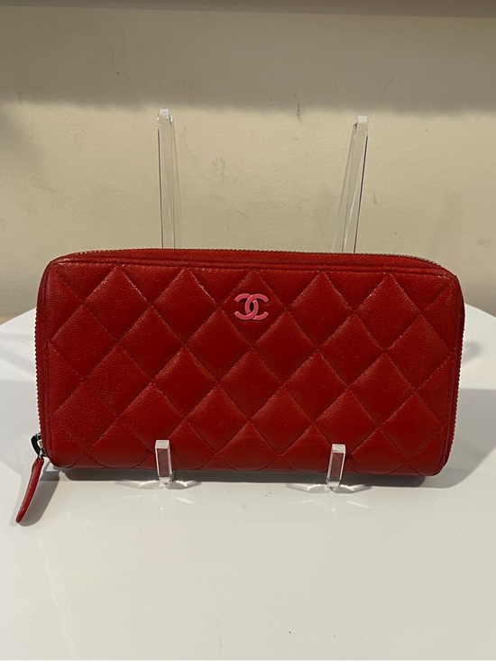 Chanel Matelasse Long Wallet in quilted red lambskin leather with COA